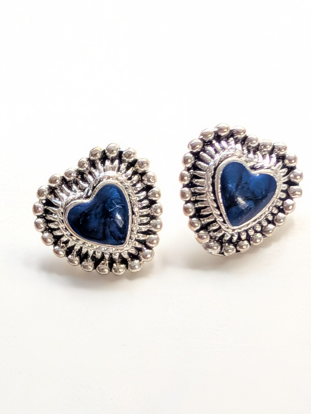 Vintage Silver Tone Filigree Stunning Blue Enamel  Heart Romantic Love Earrings